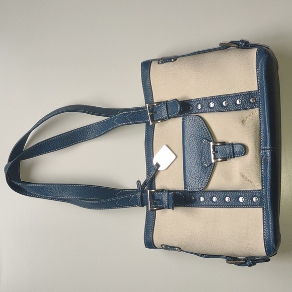 Tignanello Cream Canvas with Blue Trim Two-Tone Double-handled Handbag - Picture 2 of 10